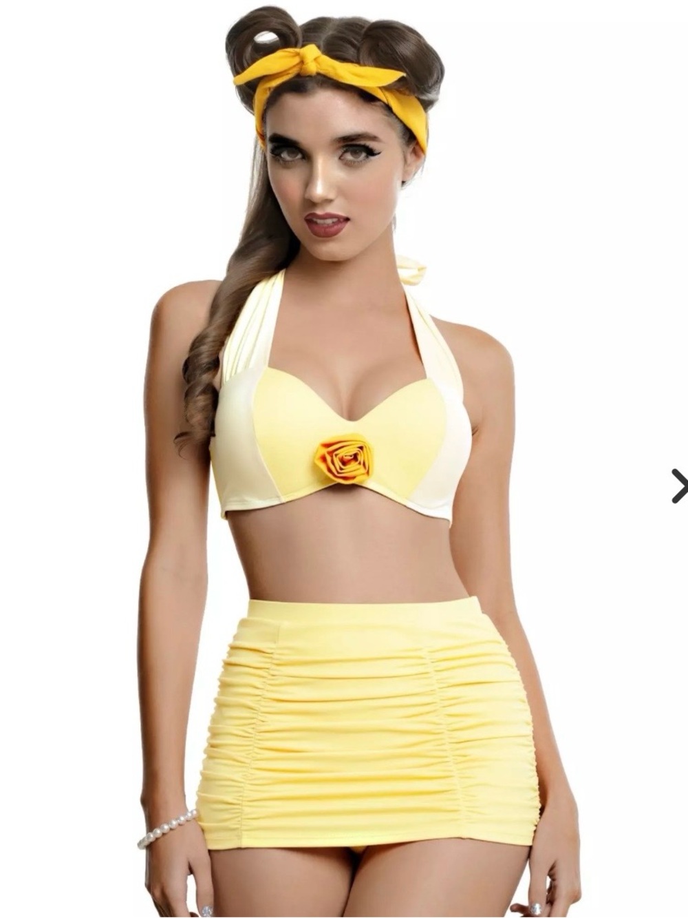 Disney Belle Bikini Set Yellow Rose Ruched Skirt Swim Cosplay Size M Hot Topic